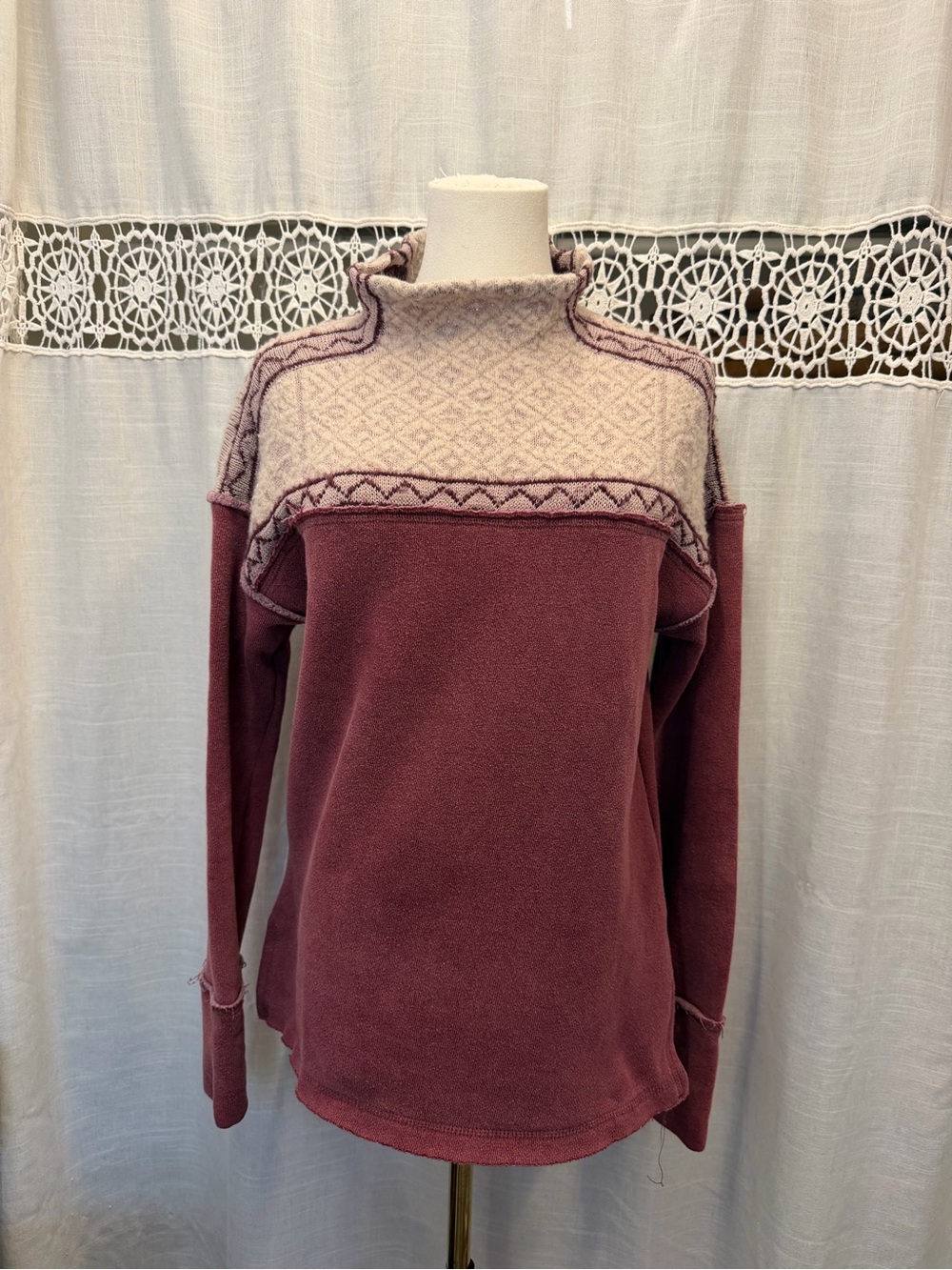Free People Mauve and Cream Patterned Turtleneck Sweater